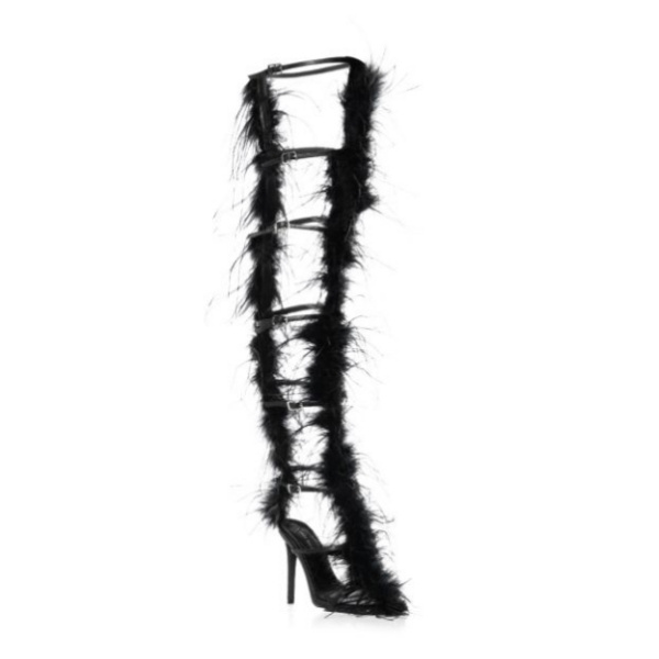 Designers Custom Women Black Strappy Feather Sandals Ladies Square Toe Stiletto Heel Thigh-high Shaft Boots Sandals