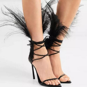 Big Size Stiletto Catwalk Sandals Women's Feather Pointed Toe High Heel Cross Strap Sandals