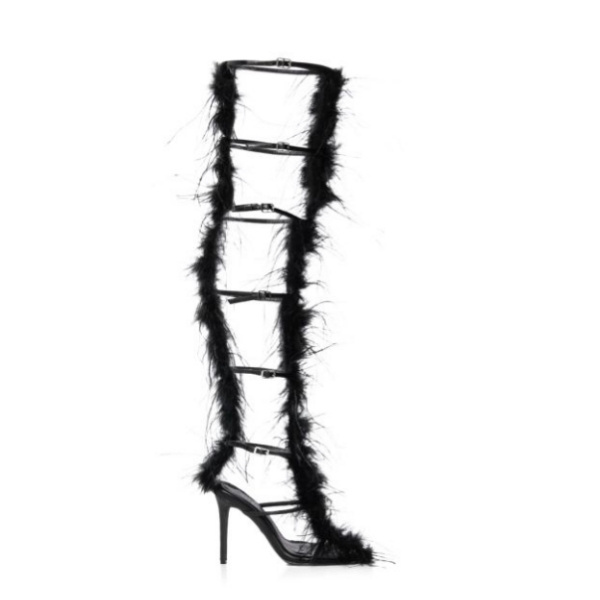 Designers Custom Women Black Strappy Feather Sandals Ladies Square Toe Stiletto Heel Thigh-high Shaft Boots Sandals