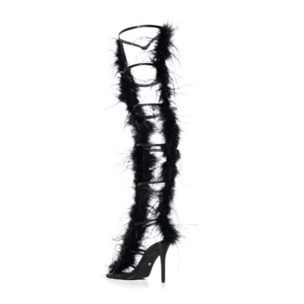 Designers Custom Women Black Strappy Feather Sandals Ladies Square Toe Stiletto Heel Thigh-high Shaft Boots Sandals