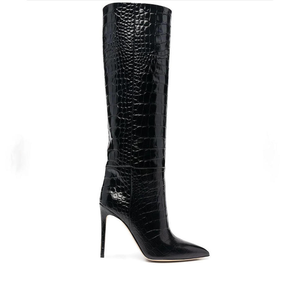 Fashion Trendy Women Crocodile Pattern Knee High Heel Boots With Zipper Sexy Pointy Toe Ladies Boots