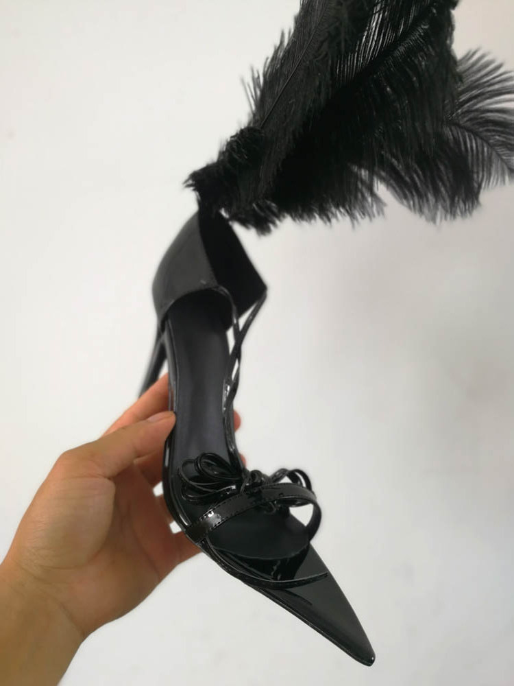 Big Size Stiletto Catwalk Sandals Women's Feather Pointed Toe High Heel Cross Strap Sandals