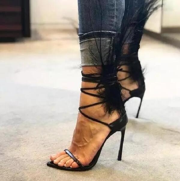 Big Size Stiletto Catwalk Sandals Women's Feather Pointed Toe High Heel Cross Strap Sandals