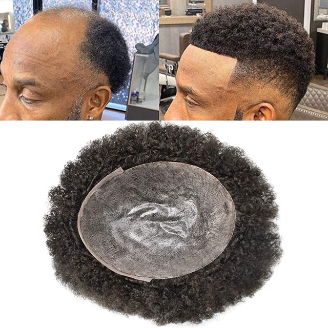 Afro Toupee For Black Men Human Hair Replacement System Invisible Full Poly PU Afro Wig African American Curl Men Hairpieces