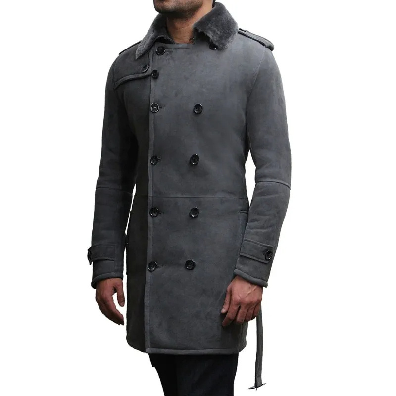 Latest Design Sheepskin Belted Pea Coat Long Duffle Coat Grey Spanish Fur Men's Luxury Ideal for Winter High Style Best Price