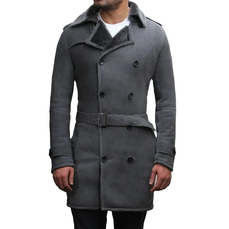 Latest Design Sheepskin Belted Pea Coat Long Duffle Coat Grey Spanish Fur Men's Luxury Ideal for Winter High Style Best Price