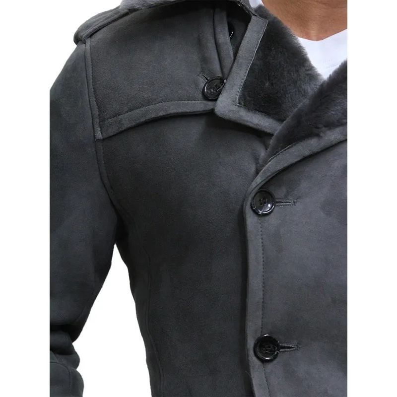 Latest Design Sheepskin Belted Pea Coat Long Duffle Coat Grey Spanish Fur Men's Luxury Ideal for Winter High Style Best Price