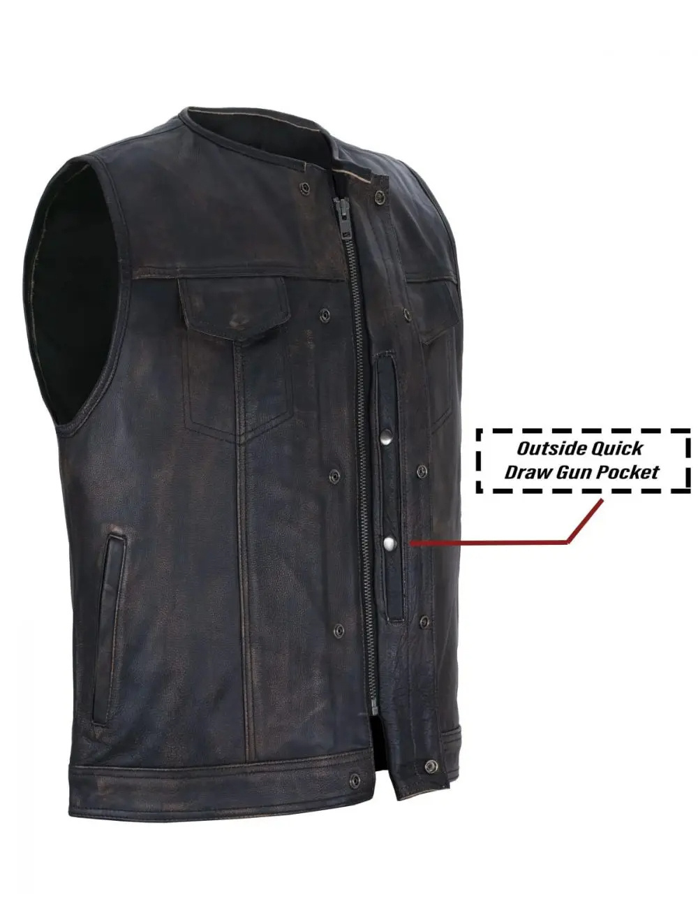 Mens Brown Club Vest Black Liner Zipper & Snaps Leather Custom Waistcoat Waxed Motorbike Vest