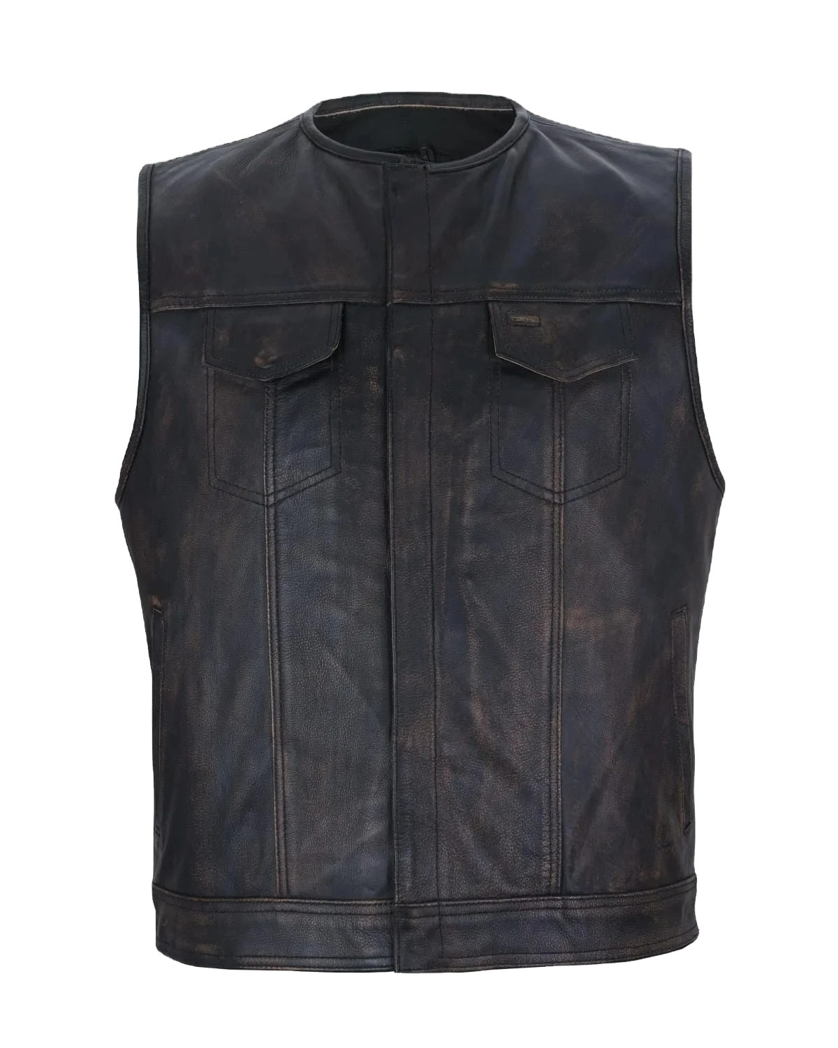 Mens Brown Club Vest Black Liner Zipper & Snaps Leather Custom Waistcoat Waxed Motorbike Vest