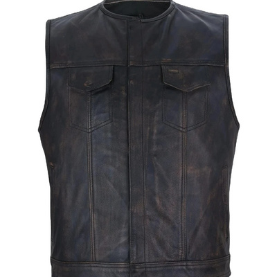 Mens Brown Club Vest Black Liner Zipper & Snaps Leather Custom Waistcoat Waxed Motorbike Vest