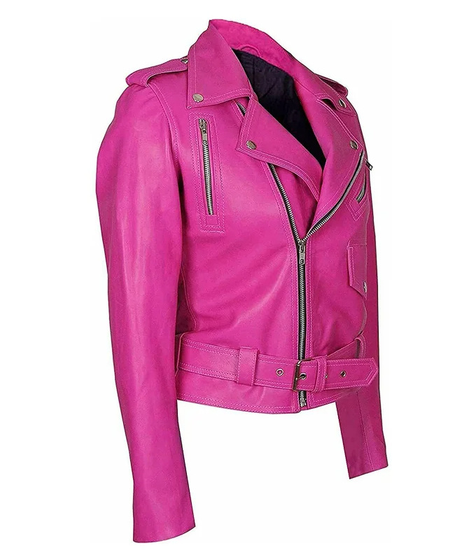 Hot Pink Stylish Cropped Leather Jacket | Women Pink Biker Jacket Custom fashionable Jacket Made By Wigace Industry