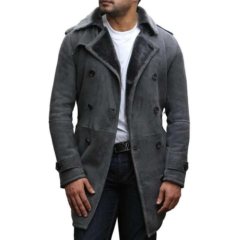 Latest Design Sheepskin Belted Pea Coat Long Duffle Coat Grey Spanish Fur Men's Luxury Ideal for Winter High Style Best Price