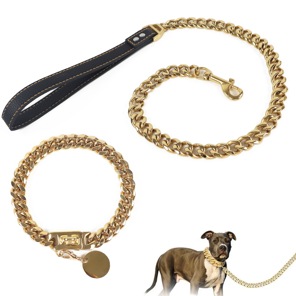 Luxury Stainless Steel Cuban Link Chain Dog Collar and  Leather Padded Handle Leash Set