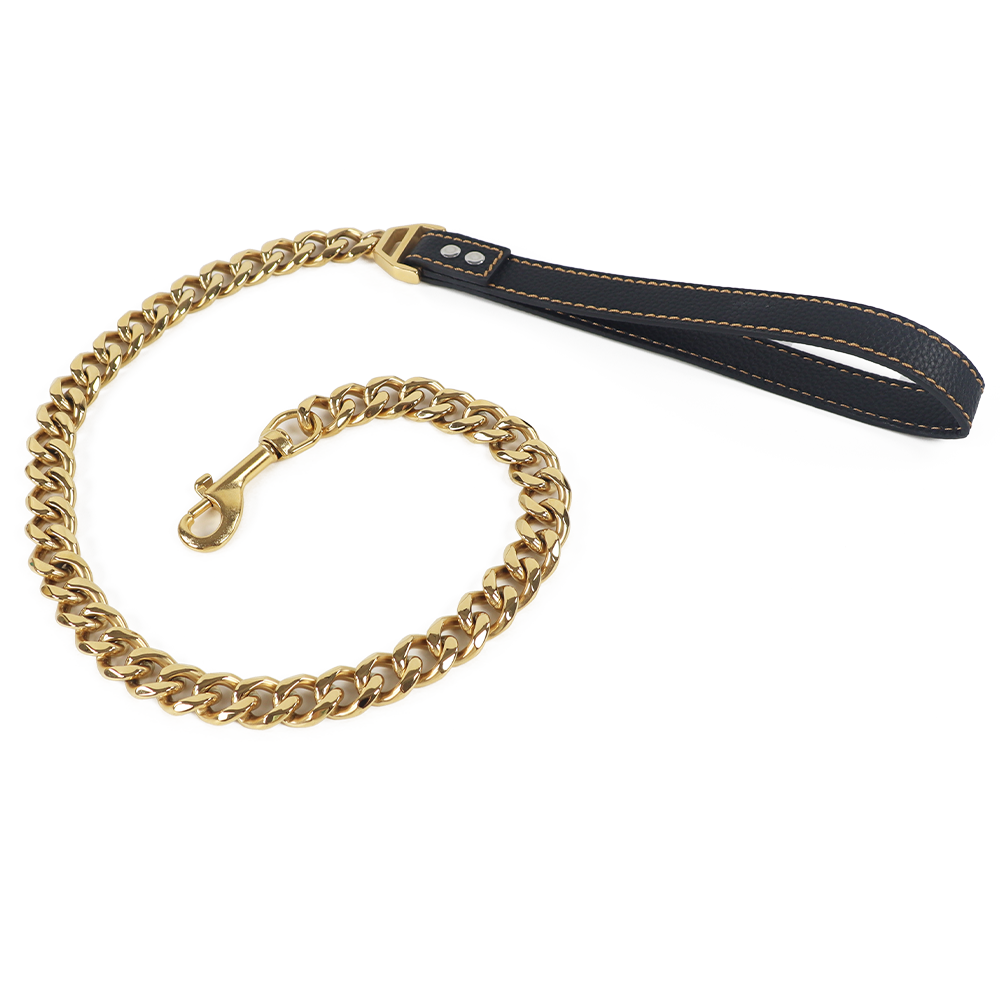 Luxury Stainless Steel Cuban Link Chain Dog Collar and  Leather Padded Handle Leash Set