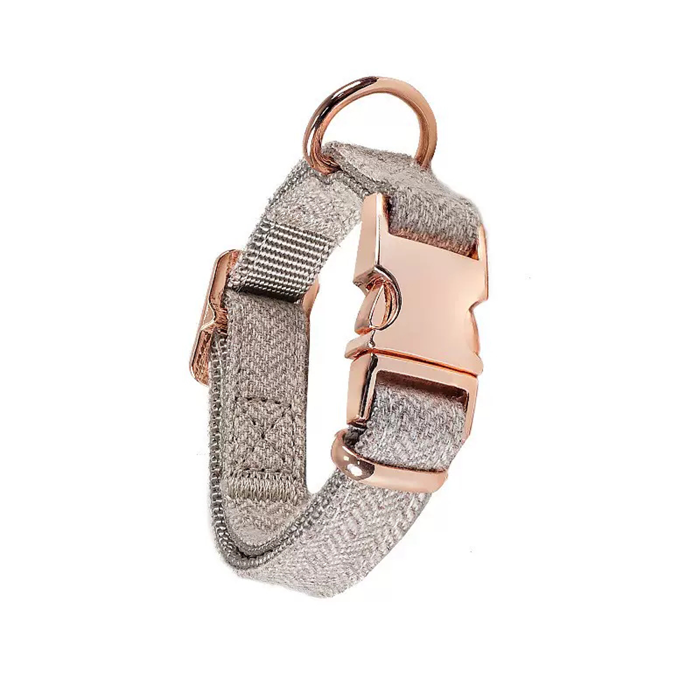 Customizable Premium Luxury Adjustable Pet Soft Wool Fabric Tweed Dog Collar And Leash One Set With Rose Gold Buckle