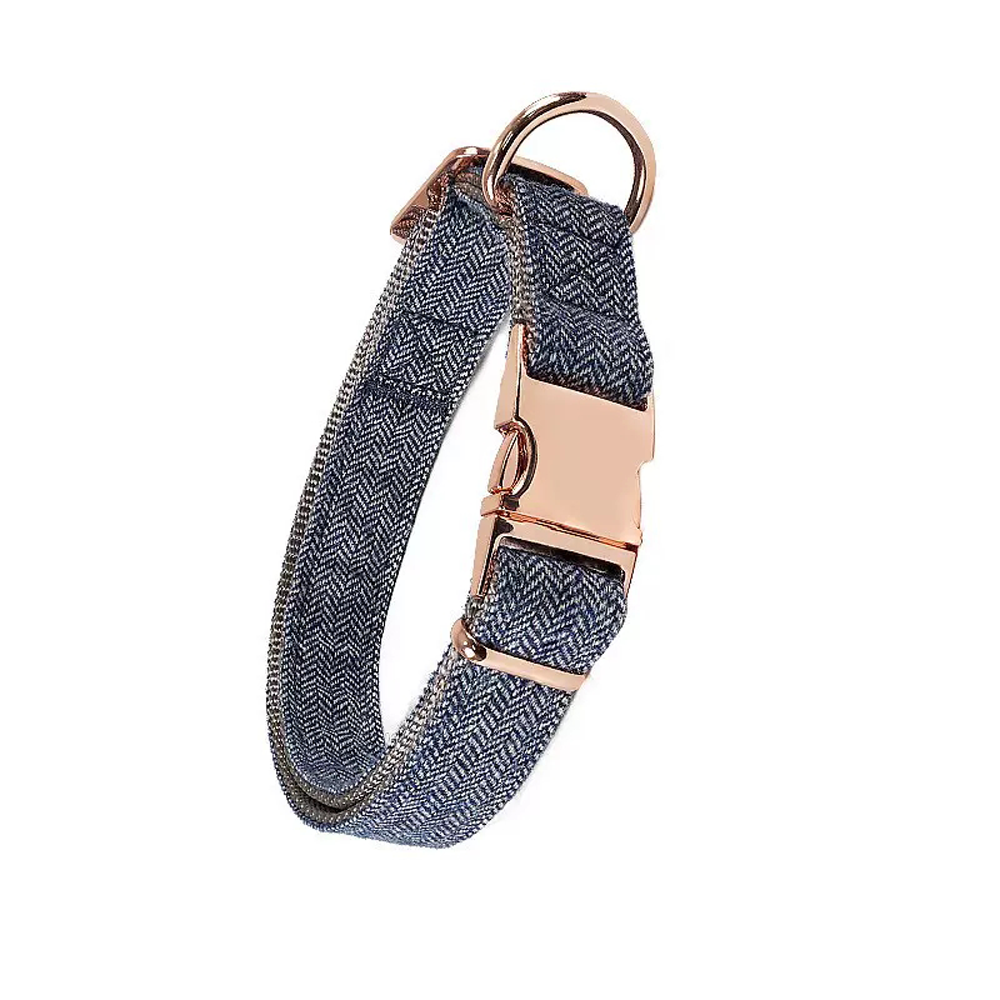 Customizable Premium Luxury Adjustable Pet Soft Wool Fabric Tweed Dog Collar And Leash One Set With Rose Gold Buckle