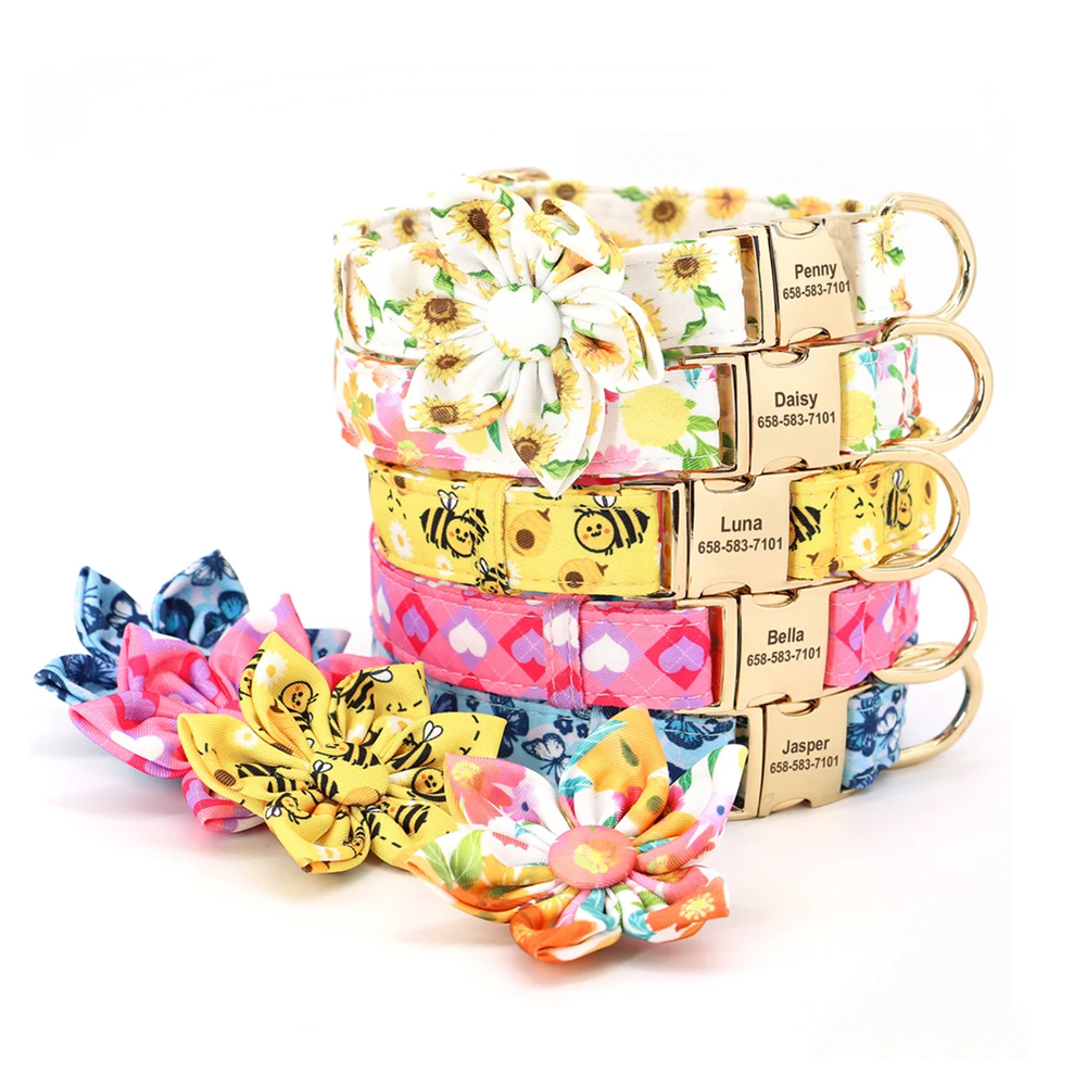 Wholesale Custom Print Adjustable Dog Collar Fashion Flower Dog Bow Tie Dog Collar Necklace with Metal Buckle/Clip