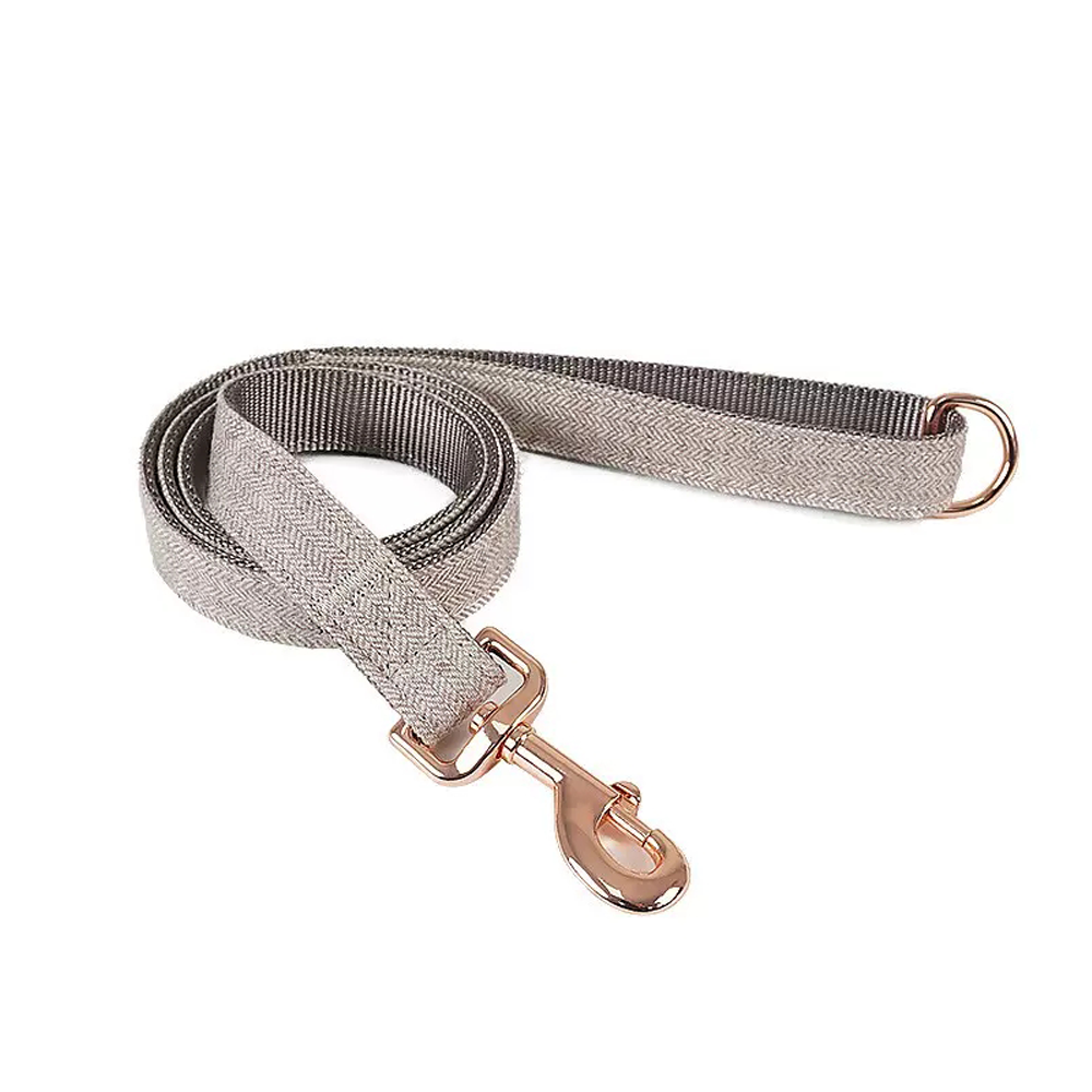 Customizable Premium Luxury Adjustable Pet Soft Wool Fabric Tweed Dog Collar And Leash One Set With Rose Gold Buckle