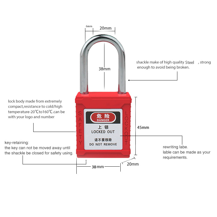 industrial safety products lockout tagout loto safety padlock 25mm 38mm 76mm Steel Nylon long shackle key alike safety padlock