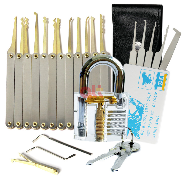 wholesale 12 Piece Laminated Plain Handle Lock Pick Set with Transparent Training Padlock and Credit Card Lock Picking Tool Kit