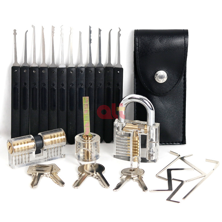 17 pcs black Lock Pick  Set with three Transparent practice Locks and Credit Card Lock Pick Tool for Beginner and Pro Locksmiths