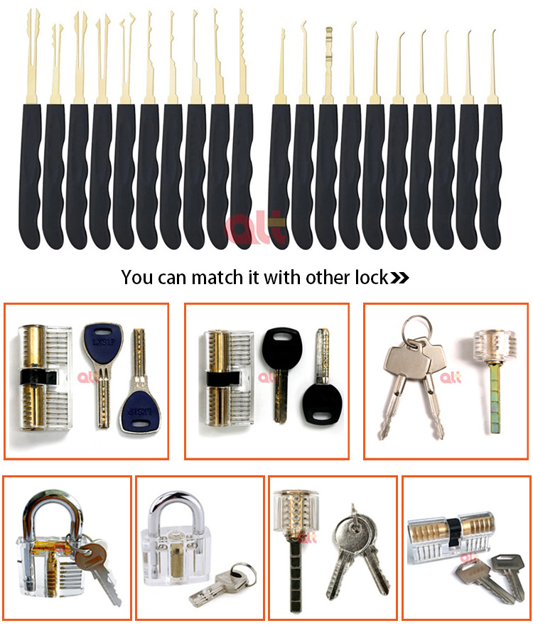 wholesale 24pcs goso locksmith supplies lock pick tools lock set with Transparent Practice Padlock locksmith tool lockpicking