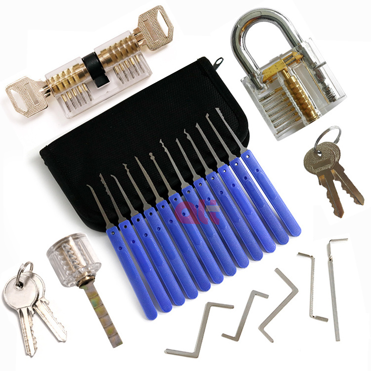 12pcs blue Unlocking locksmith tool Lock Pick Set with 3pcs Transparent Locks Locksmith Practice Supplies lock pick tool Set