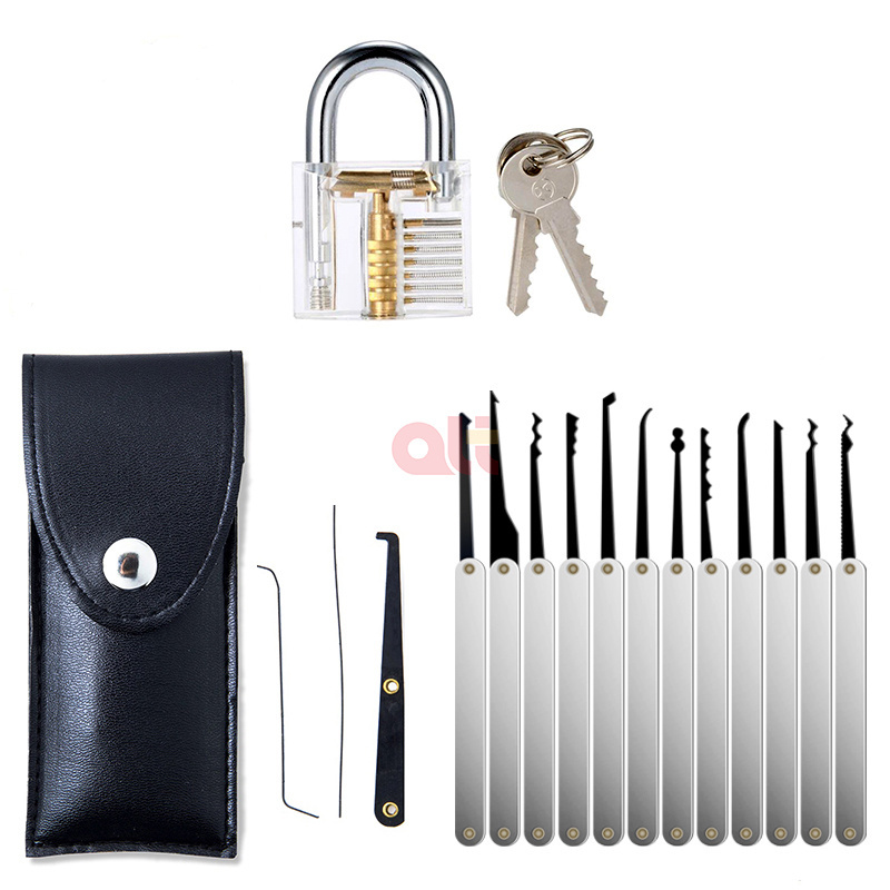 15Pcs Multi-Tools Lock pick Set Training Kit Stainless Steel lockpick Practice Tool with Flashlight & Padlock lock pick tool