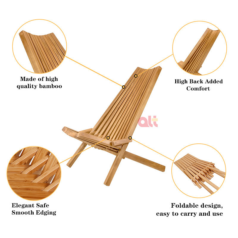 Outdoor Bamboo Folding/Foldable Lounge Chair Patio Furniture Reclining Chair for Porch Lawn Garden Deck Beach Outside Relax