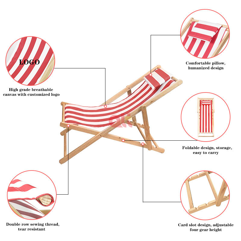 beach chair foldable wood outdoor wooden frame chaise lounge chair with head pillow