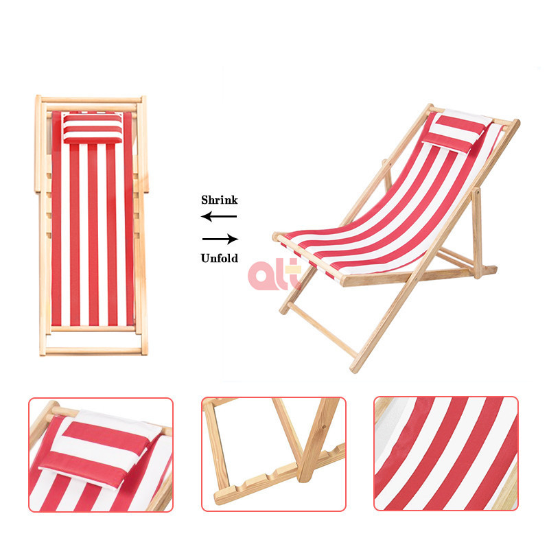 beach chair foldable wood outdoor wooden frame chaise lounge chair with head pillow