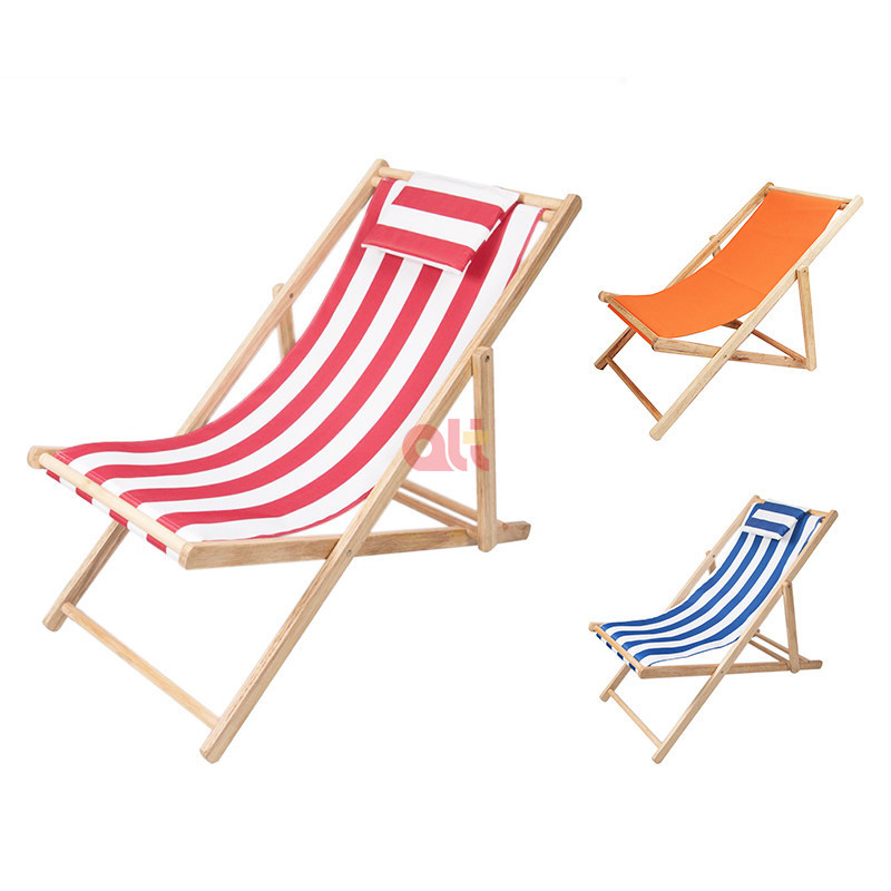 beach chair foldable wood outdoor wooden frame chaise lounge chair with head pillow