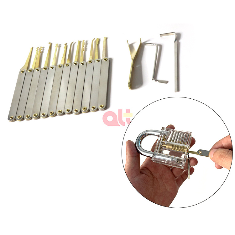 wholesale 12 Piece Laminated Plain Handle Lock Pick Set with Transparent Training Padlock and Credit Card Lock Picking Tool Kit