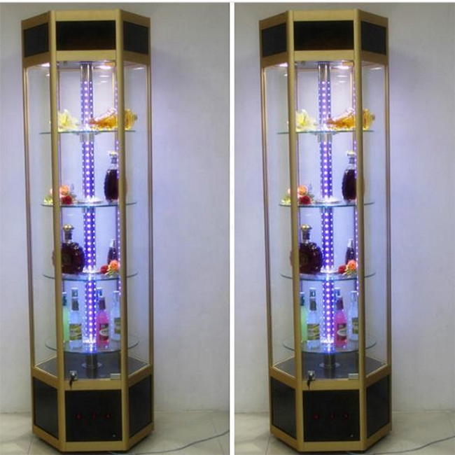 Best selling custom Corner Aluminum frame tempered glass LED light Internal rotating display case