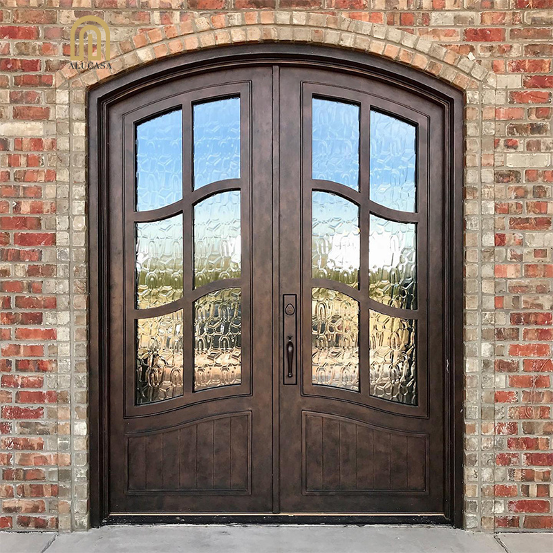 Alucasa Modern French Arched Exterior Double Glass Metal Security Door Gates Steel Wrought Iron Double Front Entry Doors