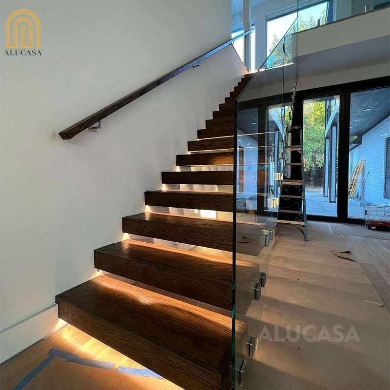 Alucasa Straight Stairs Wooden Glass Staircase Modern Design House for Steel Floating Interior Stair