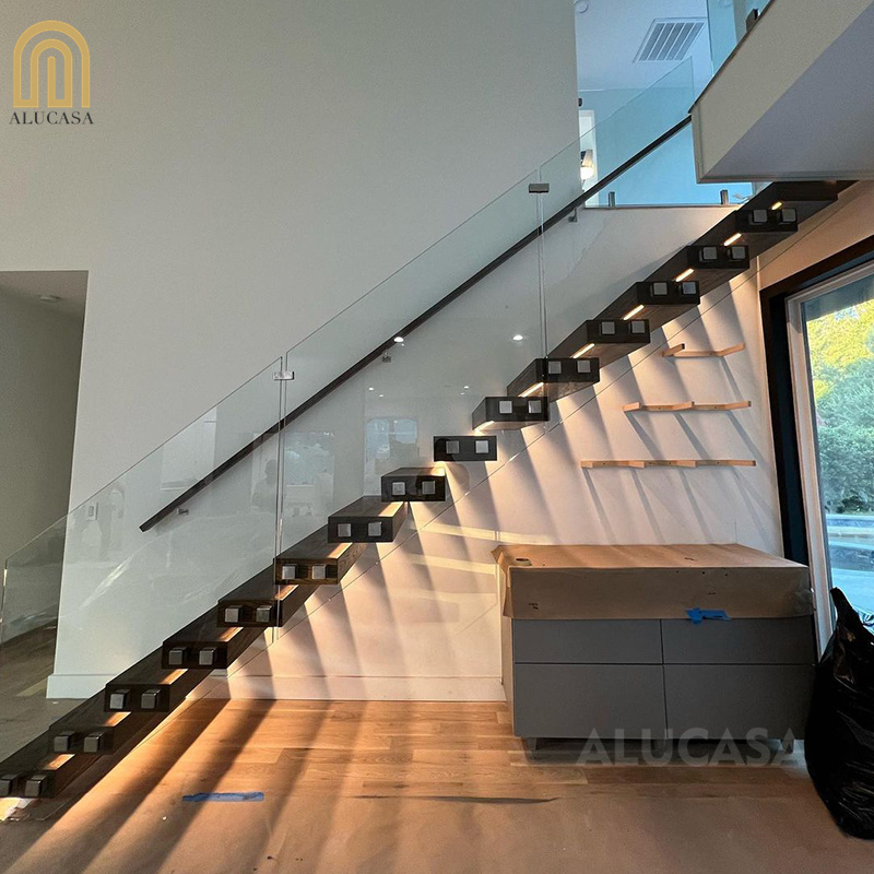 Alucasa Straight Stairs Wooden Glass Staircase Modern Design House for Steel Floating Interior Stair