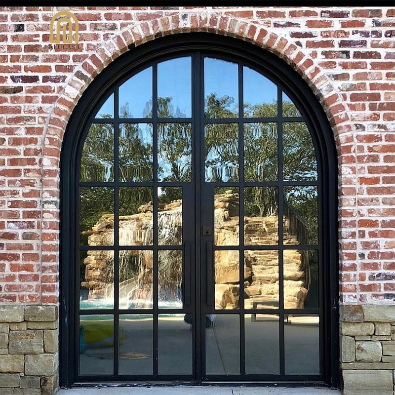 Alucasa Modern French Arched Exterior Double Glass Metal Security Door Gates Steel Wrought Iron Double Front Entry Doors