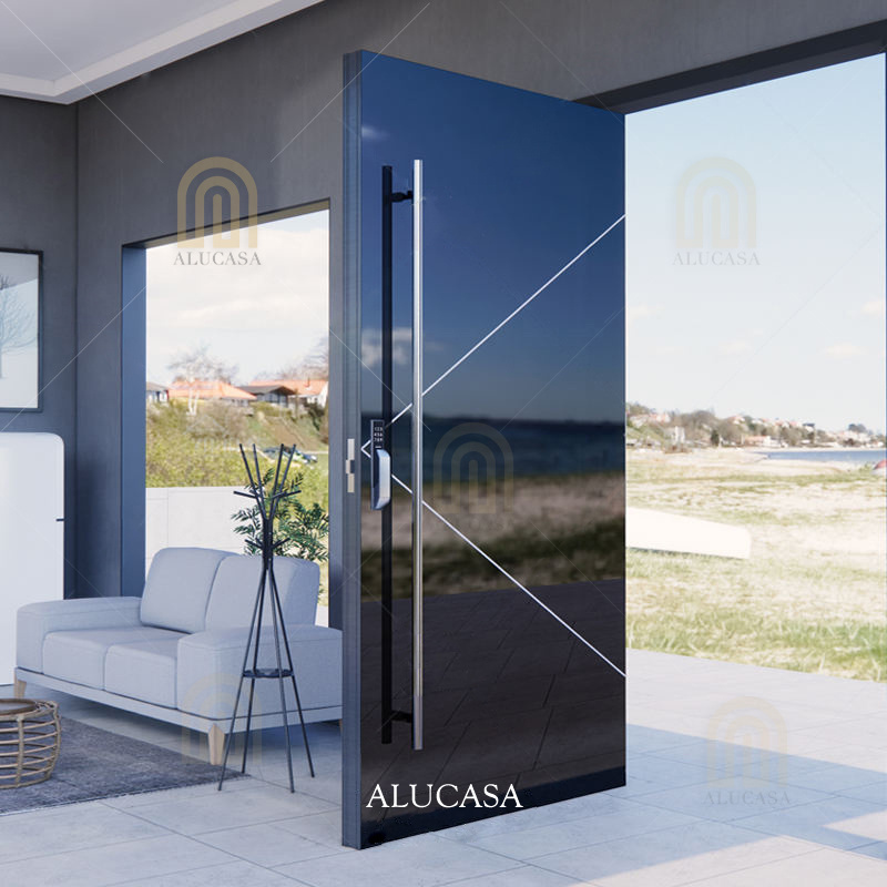 Alucasa Factory Price Fireproof Modern Design Custom Made Wrought Iron Stainless Steel Pivot Entry Door for Residential Projects