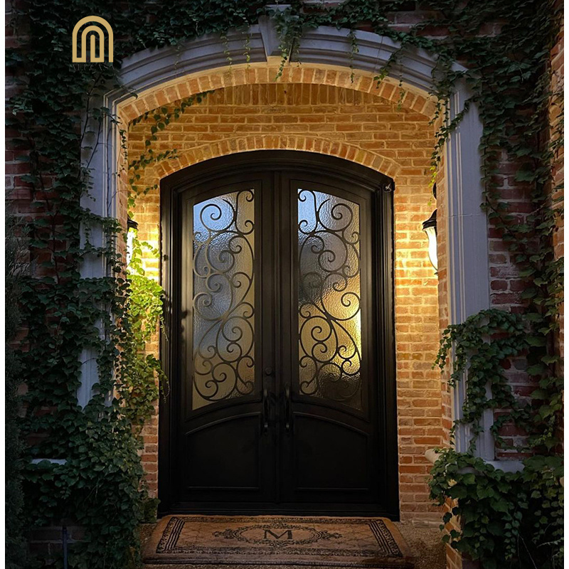 Alucasa Modern French Arched Exterior Double Glass Metal Security Door Gates Steel Wrought Iron Double Front Entry Doors