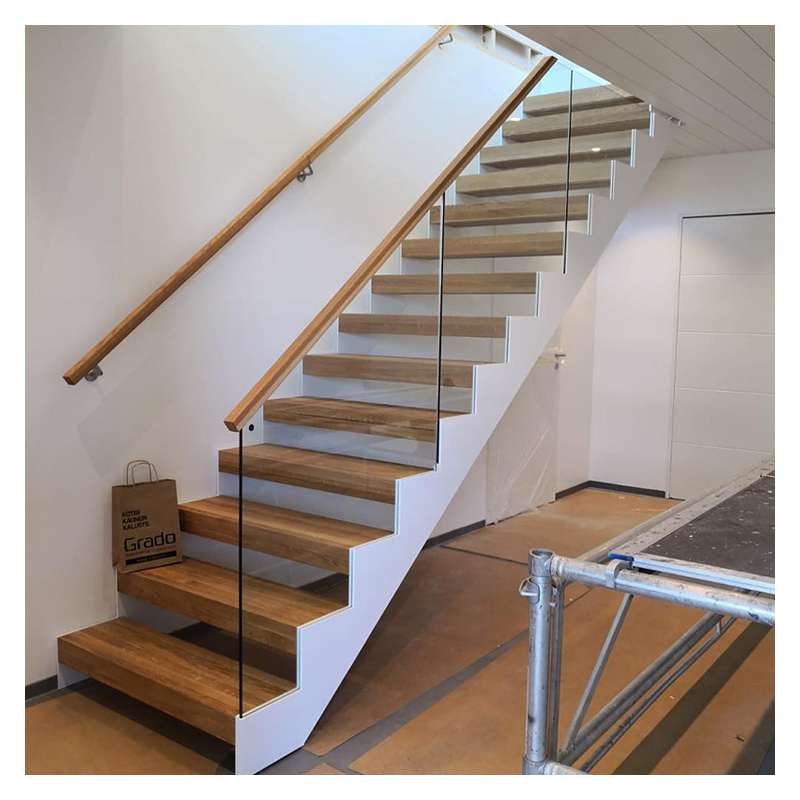 Alucasa Double Beam Home Use Steel Wood U Shape Straight Staircase / Glass Staircase