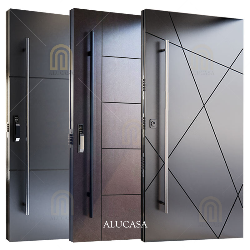 Alucasa Designs Modern Front Entrance Door Stainless Steel Main Sliding System Wooden Exterior Double Pivot Doors for Houses