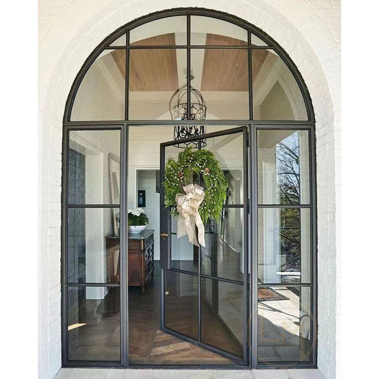 Alucasa Custom Commercial Arched Entry Metal Steel Iron Glass Double Front Aluminum Exterior Patio French Door