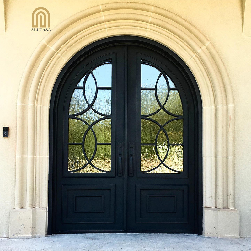 Alucasa Modern French Arched Exterior Double Glass Metal Security Door Gates Steel Wrought Iron Double Front Entry Doors