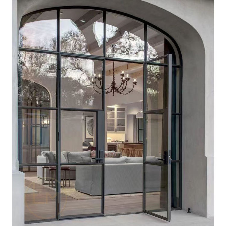 Alucasa Custom Commercial Arched Entry Metal Steel Iron Glass Double Front Aluminum Exterior Patio French Door