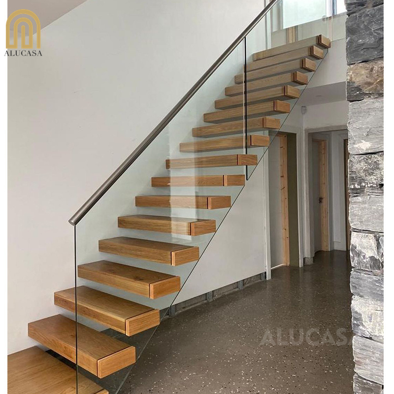 Alucasa Straight Stairs Wooden Glass Staircase Modern Design House for Steel Floating Interior Stair