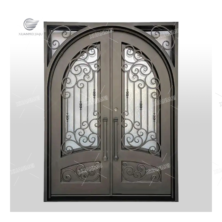 Security Exterior Front Double Entry Black Front metal Entrance main modern steel grill design Wrought Iron Door For House home