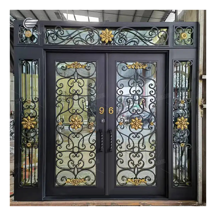 Security Exterior Front Double Entry Black Front metal Entrance main modern steel grill design Wrought Iron Door For House home