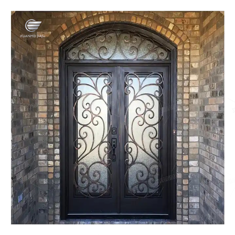 Security Exterior Front Double Entry Black Front metal Entrance main modern steel grill design Wrought Iron Door For House home