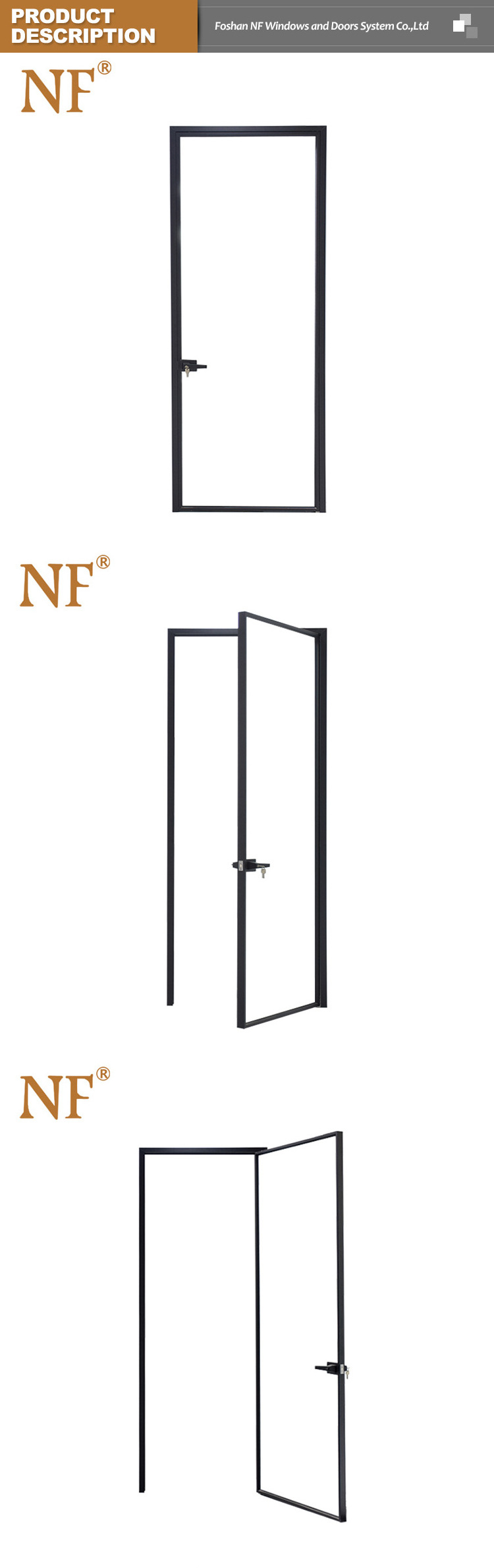 Slim Narrow Frame Glass Door Interior Swing Casement Aluminum Toilet Doors